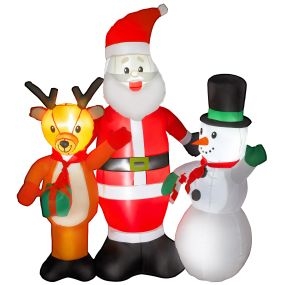 Papá Noel inflable 150 cm con reno y muñeco de nieve con luces LED e inflador eléctrico para exterior