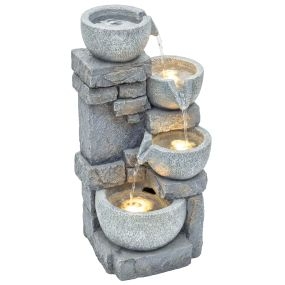 Fuente de agua decorativa con LED y bomba, cascada de 4 niveles, gris, para jardín exterior