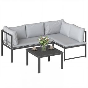 Conjunto de muebles de jardín exterior de 3 piezas en L con cojines, gris