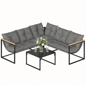 Conjunto de muebles de jardín exterior de 4 piezas gris con sofá seccional en L y mesa de vidrio templado