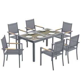 Conjunto de mesa y sillas de jardín 7 piezas con mesa de plástico PSPC y 6 sillas apilables gris oscuro