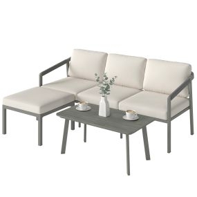 Conjunto de muebles de jardín exterior de 3 piezas en L con sofá, reposapiés y mesa, marrón y beige