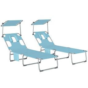 Set de 2 tumbonas plegables de jardín exterior con dosel 360°, orificio facial y textilene azul