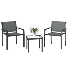 Conjunto de mesa y sillas de terraza exterior 3 piezas, 2 sillas de textilene, mesa de vidrio templado, gris claro