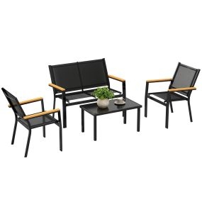 Conjunto de jardín exterior 4 piezas negro con sofá 2 plazas, 2 sillones y mesa de cristal templado