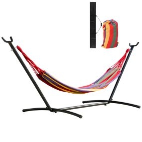 Hamaca con soporte de acero portátil para jardín altura ajustable 6 niveles 200x150 cm multicolor carga 120 kg