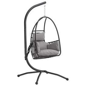 Silla colgante huevo con soporte, plegable, reposacabezas, cojín y bolsillo lateral, gris oscuro, 120 kg