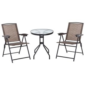Conjunto Mesa y 2 Sillas Muebles para Jardín Exterior Patio Terraza Silla Plegable Respaldo Reclinable a 4 Niveles Texteline Marco Acero Marrón
