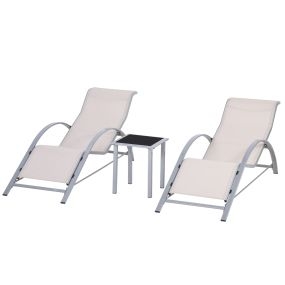 Set de 2 tumbonas de jardín exterior con mesa auxiliar de vidrio templado beige