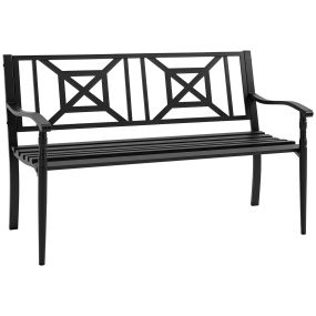 Banco de jardín de 2 plazas de acero negro con reposabrazos y respaldo decorativo 128x62,5x81,5 cm