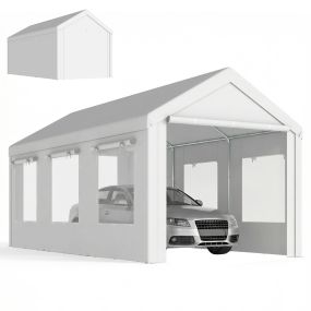 Carpa garaje portátil 3x6 m impermeable con 2 puertas, 6 ventanas y altura ajustable, blanco