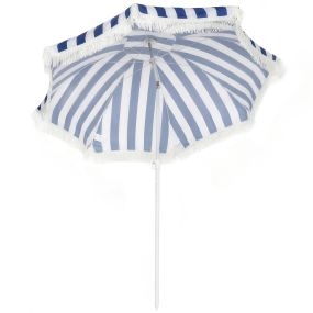 Sombrilla de playa con flecos Ø180 cm azul y blanco, altura ajustable e inclinación 30°