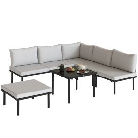 Conjunto de muebles de jardín exterior de 6 piezas en forma de L con cojines gris claro