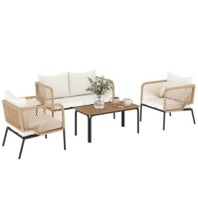 Conjunto de jardín exterior 4 piezas con sofá 2 plazas, 2 sillones, mesa WPC, ratán PE, blanco