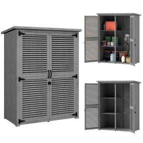 Caseta de Jardín de Madera, 127x65x168 cm, Cobertizo Jardín Exterior, Armario para Almacenaje Herramientas, con 2 Puertas de Persiana 2 Estantes Techo Impermeable para Patio Terraza, Gris