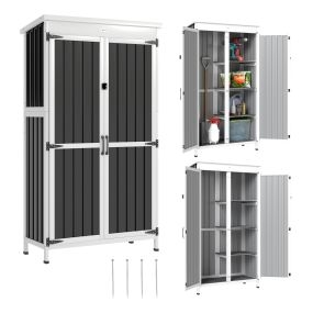 Caseta de Jardín de Madera y Acero 94x43x166 cm, Cobertizo Jardín Exterior, Armario para Herramientas con 2 Puertas, Estantes Ajustables y Techo Impermeable para Patio Terraza, Blanco y Negro