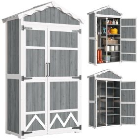 Caseta de Jardín de Madera 105x55x179 cm Cobertizo Jardín Exterior Impermeable Armario Exterior Herramientas con Puertas 4 Estantes Extraíbles Techo Metal Galvanizado Pies Ajustables Gris