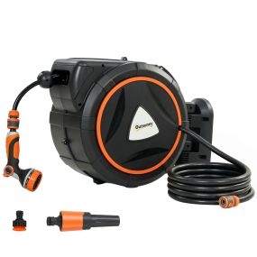 Enrollador de Manguera para Jardín 23+2 m con 12 Modos de Rociado, Carrete de Manguera de Jardín de Pared con Bloqueo Automático y Retracción Controlada, Soporte Orientable 180°, Naranja