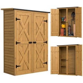Caseta de jardín de madera 115x53x156 cm marrón con puertas dobles, 2 estantes y techo inclinado