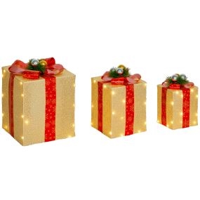 Juego de 3 cajas de regalo navideñas con luces 58 LED blanco cálido dorado para interior y exterior