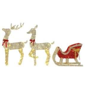 Reno de Navidad Exterior con Trineo 3D de 3 Piezas, Decoración Navidad Iluminado con 200 Luces LED Blanco Cálido, 8 Modos y Temporizador, Reno Grande de 123 cm, para Interiores, Exteriores