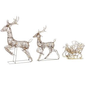 Reno de Navidad Exterior con Trineo 3D de 3 Piezas de Ratán, Decoración Navidad Iluminada con 240 Luces LED Blanco Cálido, 8 Modos y Temporizador, 105 cm, para Interiores, Exteriores