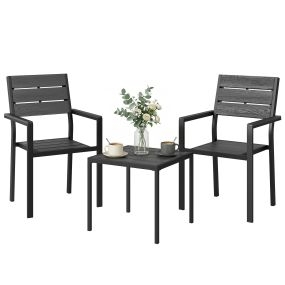 Conjunto de Mesa y Sillas de Terraza Exterior de 3 Piezas Muebles de Jardín Exterior con 2 Sillas y Mesa de HDPE Diseño Listones Efecto Madera Marco Metal Resistente para Patio Balcón Negro