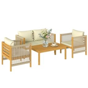 Conjunto de jardín exterior de 4 piezas con sofá 2 plazas, 2 sillones, mesa de acacia, beige