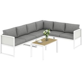 Conjunto de muebles de jardín exterior de 4 piezas en L con sofá, mesa WPC y cojines gris claro y blanco