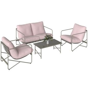Conjunto de jardín exterior de 4 piezas con sofá de 2 plazas, 2 sillones, mesa de vidrio templado y cojines gruesos, rosa
