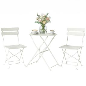 Conjunto de mesa y sillas de terraza exterior plegable 3 piezas, metal, crema