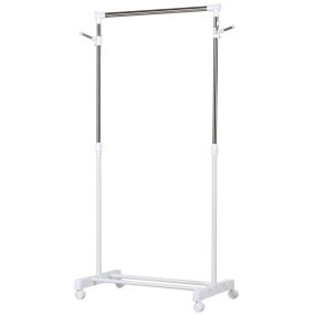 Perchero de ropa ajustable con estante inferior y ruedas 68,5x42x87-145 cm blanco plata