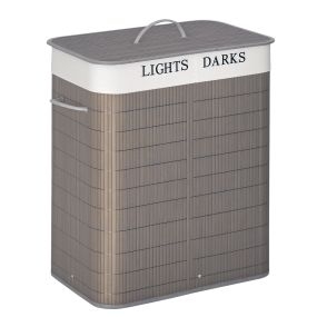 Cesto para ropa sucia de bambú 100L rectangular con tapa y bolsa de 2 compartimentos gris 52x32x63 cm