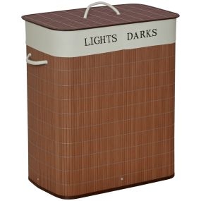 Cesto para ropa sucia de bambú 100L rectangular con tapa y 2 compartimentos 52x32x63 cm marrón