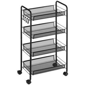 Carrito auxiliar con ruedas de 4 niveles y 4 ganchos, 45x26,5x84 cm, negro