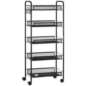 Carrito auxiliar con ruedas de 5 niveles y 4 ganchos, 45x26,5x106 cm, negro