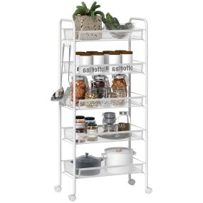 Carrito auxiliar con ruedas de 5 niveles y 4 ganchos, 45x26,5x106 cm, blanco