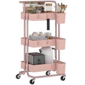 Carrito auxiliar con ruedas de 3 niveles, 3 cestas de malla y 3 cajas colgantes, rosa, 42x38x86,5 cm