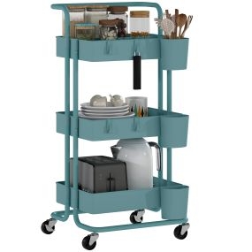 Carrito auxiliar con ruedas de 3 niveles, 3 cestas de malla y 3 cajas colgantes, 42x38x86,5 cm, azul verdoso