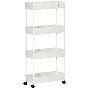 Carro de cocina de 4 niveles con ruedas, 4 cestas y 4 ganchos, 40x19x90 cm, blanco