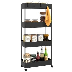 Carro de cocina de 4 niveles con ruedas, 4 cestas y 4 ganchos, 40x19x90 cm, negro