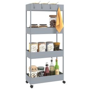 Carro de cocina de 4 niveles con ruedas, 4 cestas y 4 ganchos, 40x19x90 cm, gris