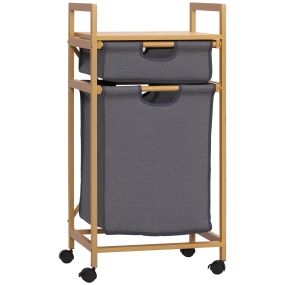 Cesto para ropa sucia de bambú con 2 bolsas extraíbles, estante abierto, asas y ruedas, gris 42x35x84,5 cm