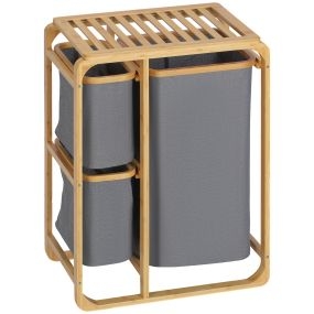 Cesto para ropa sucia de bambú con 3 bolsas extraíbles y estante abierto 50x32x69,7 cm gris