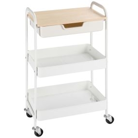Carrito de cocina con ruedas, cajón extraíble, 2 cestas y frenos, 43,9x30,5x75,6 cm, blanco