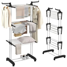 Tendedero plegable vertical de acero tipo torre 3 niveles con ruedas 73x64x172 cm negro y blanco