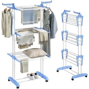 Tendedero plegable vertical de acero tipo torre 3 niveles con ruedas y alas 70 kg 73x64x172 cm azul y blanco