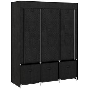 Armario de tela con 2 barras, 5 estantes, 3 cajones, marco de acero, 125x43x162,5 cm, negro