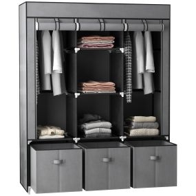 Armario de tela con 2 barras, 5 estantes, 3 cajones, gris oscuro, 125x43x162,5 cm