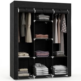 Armario de tela plegable portátil con 2 barras y 8 estantes, 125x43x162,5 cm, negro